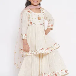 Little Bansi Girls Striped Thread Work Empire Pure Cotton Kurta with Sharara & Dupatta-picture-29