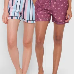 FashionRack Women Pack Of 2 Purple & Pink Printed Cotton Lounge Shorts-picture-27