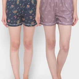 FashionRack Set Of 2 Women Purple & Green  Printed Lounge Shorts-picture-32