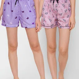 FashionRack Women Pack Of 2 Purple & Pink Printed Cotton Lounge Shorts-picture-35