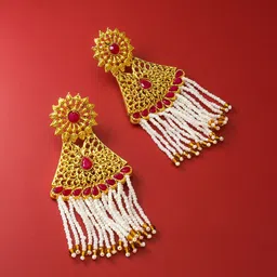 aadita Gold-Toned & White Kundan & Pearl Droppings Contemporary Drop Earrings-image-28
