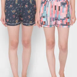 FashionRack Women Navy Blue & Pink Pack of 2 Printed Cotton Lounge Shorts-picture-26