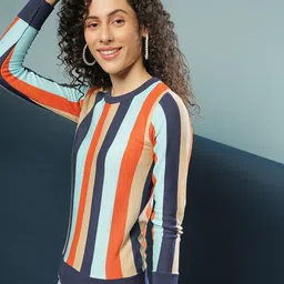 Campus Sutra Women Orange & Blue Striped Pullover-image-87