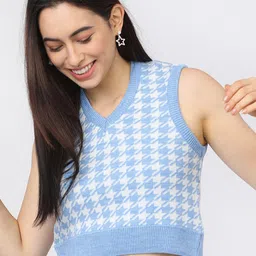 Tokyo Talkies Women Blue & White Printed Acrylic Crop Sweater Vest-image-75