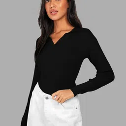 Maheshvi Women Black V-Neck Solid Ribbed Polyester Top-picture-17