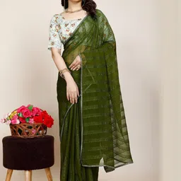 Zenophily Striped Embroidered Sequinned Pure Chiffon Saree With Unstitched Blouse Piece-picture-13