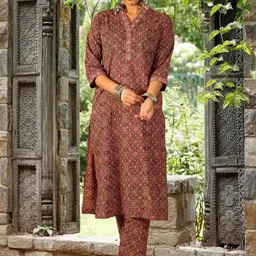 Indo Era Women Ethnic Motifs Printed Regular Pure Cotton Kurta with Trousers-picture-18