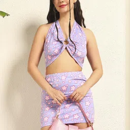 TANDUL Women Stars Printed Halter Neck Crop Top With Mini Skirt image 3