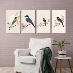 nestroots Grey & Peach 4 Pieces Bird and Floral Paintings Canvas Wall Art-image-6