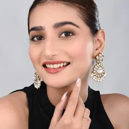 Anvik Gold-Plated Kundan Studded And Artificial Beaded Floral Shaped Drop Earrings image 3