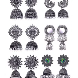 DIVASTRI Women Pair of 6 Oxidized Jhumka Silver-Plated Earrings-image-41