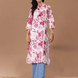 Varanga Floral Printed Mandarin Collar Screen Print Cotton Straight Kurta-image-99