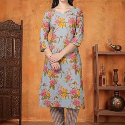 neonari Floral Printed Notch Neck Pure Cotton Straight Kurta With Trousers-picture-38