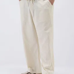 Urbano Plus Men Cream Loose Fit Solid Linen Blend Trousers Non-Stretchable image 4