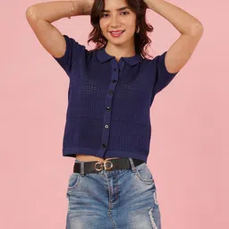 DressBerry Cotton Self Design Shirt Style Crop Top image 3