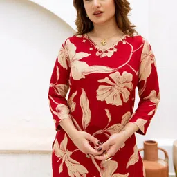 Anouk Red and Beige Floral Printed Thread Work V-Neck Straight Kurta with Trousers-picture-35