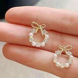 PolluxCraft Gold Plated Stones Studded And Pearls Beaded Korean Circular Shaped Studs image 4