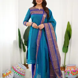 Vastukala Women Woven Design Zari Round Neck Kurta with Dupatta-picture-25