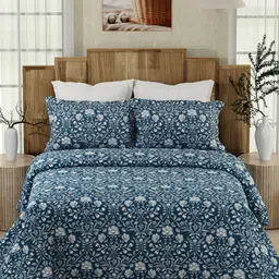 color sense Layers Navy Blue & White Floral 200 TC Queen Bedsheet with 2 Pillow Covers-picture-25