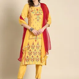 Sangria Women Floral Printed Cotton Kurta with Trousers & Dupatta-image-57