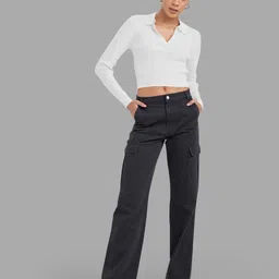 Maheshvi Women Ribbed Shirt Collar Long Sleeves Crop Top image 2