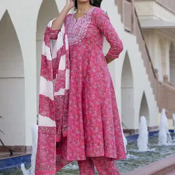 KALINI Floral Printed Chikankari Pure Cotton Anarkali Kurta With Trouser & Dupatta image 3