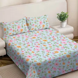 FABINALIV Blue & Pink Floral 300 TC King Bedsheet with 2 Pillow Covers-image-72