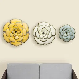 vedas Mystic Indiana 3Pcs Yellow & White Textured Metal Royal Flower Wall Decors-image-74