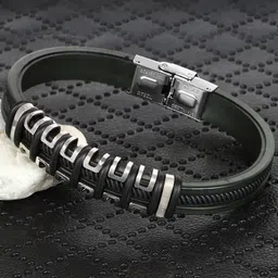 The Roadster Lifestyle Co. Men Black Leather Textured Wraparound Bracelet-picture-34