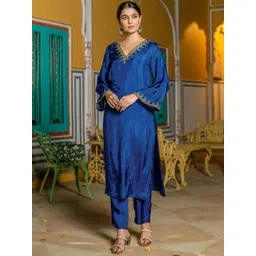 KASYA Embroidered Thread Work Upada Silk Tunic With Trousers-picture-11