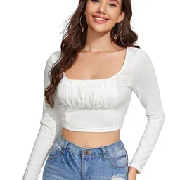 Enmozz Women Solid Square Neck Long Sleeves Gathered or Pleated Crop Top-picture-40