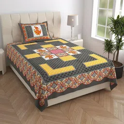 ABHACLOTHO Grey Ethnic Motifs 144 TC Single Bedsheet with 1 Pillow Covers-image-64