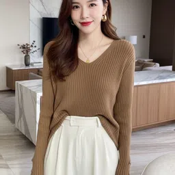 HERE&NOW Women V-Neck Ribbed Long Sleeves Pullover-image-6