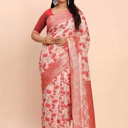HERE&NOW Floral Zari Linen Blend Handloom Saree-picture-24