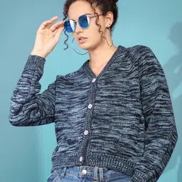 CHKOKKO Women Printed V Neck Long Sleeves Woollen Cardigan-picture-3