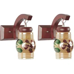 1ST TIME Multicoloured & Brown Printed Wood Traditional Cylinder Shaped Wall Lamp-picture-35