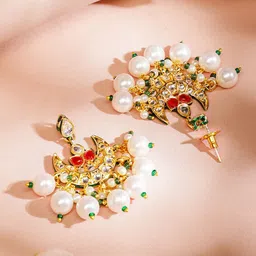 Rubans 22K Gold Plated Red Kundan Studded & Green Enamelled White Pearl Beaded Chandbali image 4