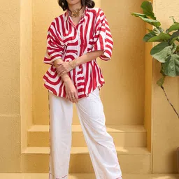 Pink Paprika by SASSAFRAS Abstract Printed Shirt Collar Shirt With Trousers-image-1