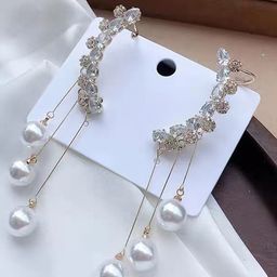 VAGHBHATT Korean Gold-Plated Artificial Stones Studded & Pearls Beaded Tasselled Ear Cuff-picture-37