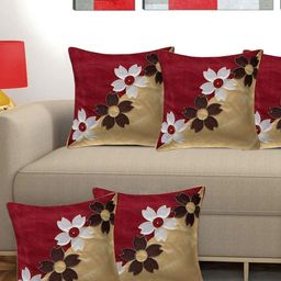 Creeva Red & Yellow 5 Pieces Floral Silk Square Cushion Covers-picture-9