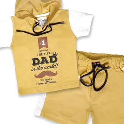 Joy Kids Boys Mustard Printed Pure Cotton Hooded T-shirt with Shorts-picture-23