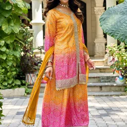 ANVERI TEXTILES Women Bandhani Printed Silk Kurta with Palazzos & Dupatta image 5