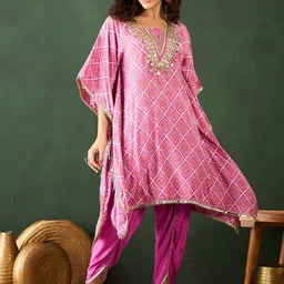 Sangria Printed & Embroidered Kaftan With Dhoti Pant Set-picture-30