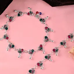 VOJ Stainless Steel Silver-Plated Stones Studded & Beaded Peacock Shaped Anklets-picture-36