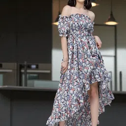 OOMPH! FACTOR Floral Print Puff Sleeve Crepe A-Line Dress image 1