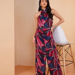 Stitchinc Women Cloak Magenta Pink Halter Neck Printed Basic Jumpsuit XS-image-4