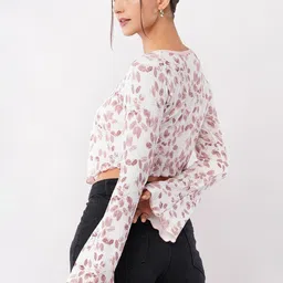 Deshi Girl Women Floral Print Tie-Up Neck Bell Sleeve Crop Top-picture-20