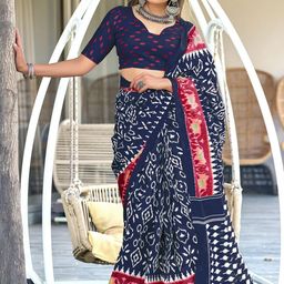 Suha Blue Pure Cotton Printed Block Print Sarees-picture-37