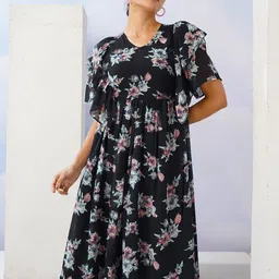 Selvia Women's Floral Print Flared Sleeve Fit & Flare Midi Dress image 5