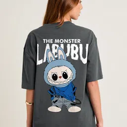 Women Printed Round Neck Pure Cotton Grey T-Shirt-image-6